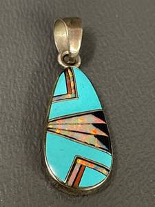 lot 37R image: DL Sterling Turquoise Opal Onyx Inlay Pendant - Navajo Style