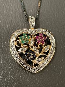 lot 39R image: Heart Pendant Multi Color Gemstone Sterling Silver Necklace