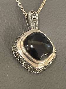 lot 42R image: Designer Signed Sterling Silver Black Gemstone Necklace