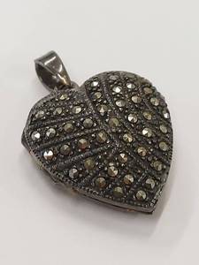 lot 63R image: Vintage Sterling Silver Marcasite Heart Locket Pendant