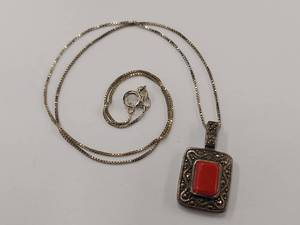 lot 88R image: Sterling Silver Marcasite Necklace with Red Gemstone Pendant