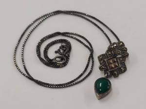 lot 94R image: Vintage Sterling SIlver Marcasite Necklace with Green Teardrop Pendant