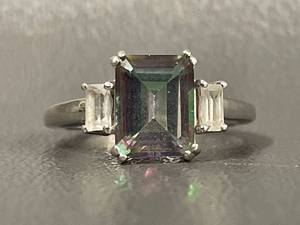 lot 156R image: Sterling Silver Elegant Multi-Stone Ring with Emerald-Cut Center Stone