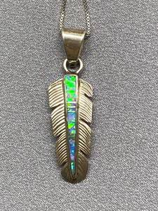 Sterling Silver 925 Feather Pendant Opal Inlays 925 Italy
