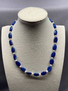 lot 10B image: Lapis Lazuli and Pearl Necklace with Sterling Silver 925 Clasp