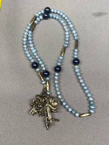 lot 25B image: Vintage Freshwater Pearl Sterling Silver 925 Animal Charms Blue Bead Necklace - 38.2 Grams