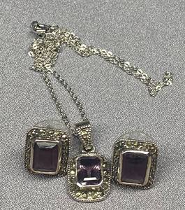 lot 70B image: Sterling Silver 925 Necklace and Earrings Set with Purple Stones