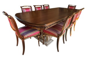 Distinctive Custom Dining Room Table with Eight Hand Carved Italian Silk Upholstered Chairs