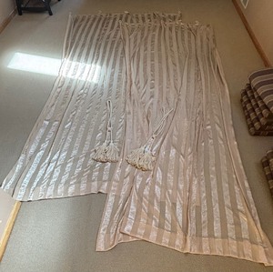 lot 104A image: Two Neutral Striped Curtain Panels with Tie Backs