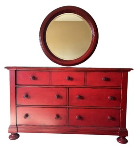 lot 17 image: Red Dresser with Circular Mirror