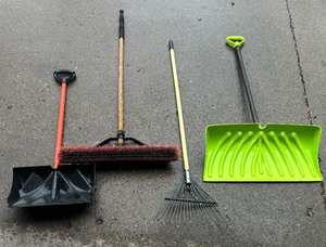 lot 147 image: Broom, Rake and Shovels