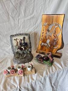 lot 54 image: Misc. Horse Figurines, Wooden Horse Decor and Flowered Candle Holder