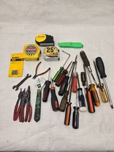 lot 154 image: Misc. Tools, Screw Drivers, Tape Measures, Snap Ring Pliers Etc.