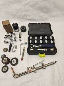 lot 155 image: Misc. Tools, Sockets, Cooling System Adapters, Cutting Torch, Wire Wheels Etc.