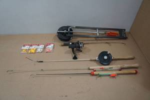 lot 51 image: Assorted Ice Fishing -Ball Head Jigs, Tip-Up, Poles