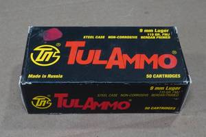 lot 157 image: 50 TulAmmo 9mm 115 Gr FMJ Steel Case Ammo