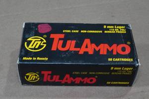 lot 158 image: 50 TulAmmo 9mm 115 Gr FMJ Steel Case Ammo
