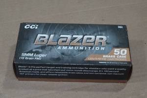 lot 159 image: 50 CCI Blazer Brass 9mm 115 Gr FMJ Ammo