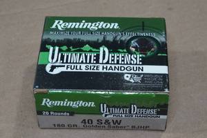 lot 160 image: 20 Remington Ultimate Defense .40 S&W 180 Gr Golden Saber BJ HP Ammo