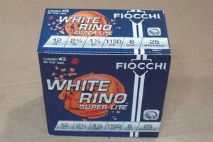 lot 168 image: 25 Fiocchi White Rino 12 Gauge 2-34 8 Shot Shotshells