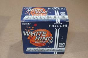 lot 169 image: 25 Fiocchi White Rino 12 Gauge 2-34 8 Shot Shotshells