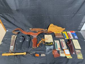 lot 13 image: Collection of Hunting and Outdoor Gear with Leather Holster and Tools