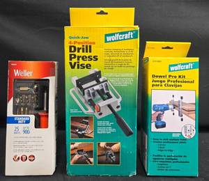 lot 25 image: Weller 15-Piece Woodburning Kit, Wolfcraft Drill Press Vise and Dowel Pro Kit