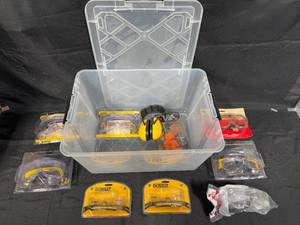 lot 84 image: Safety Gear Collection Including Goggles, Ear Protection, and Pipe Clamp