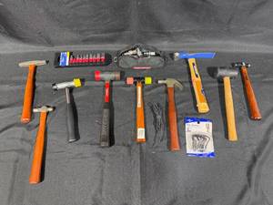 lot 89 image: Assorted Collection of Hand Tools Including Hammers, Torque Wrench Attachments, and Pliers