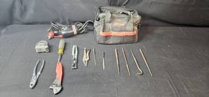 lot 144 image: Craftsman Tool Bag with Assorted Hand Tools and 38 Drill