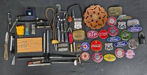 lot 152 image: Collection of Vintage Knives, Tools, Lanyards, and Automobile Badges