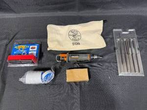 lot 153 image: Ridgid Pneumatic Grinder Set with Klein Tools Bag and Accessories