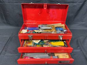 lot 160 image: Lumidor Red Metal Toolbox with Assorted Hand Tools