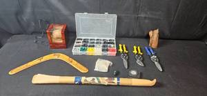 lot 180 image: Assorted Tools, Electrical Components, Watch Winder, and Boomerangs Set