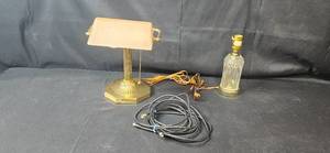 lot 183 image: Antique Style Brass Tone Desk Lamp and Crystal Base Table Lamp Set