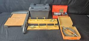 lot 191 image: Lot of Office and Home Items Guillotine Paper Cutter, Utility Box, Fish Hook Wall Hangers, Wiring Kit