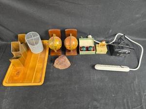 lot 258 image: Eclectic Collection Vintage Globe Bookends, Wooden Tray and Other Home Decor Items