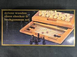 lot 259 image: Deluxe Wooden Chess, Checker & Backgammon Set