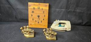 lot 280 image: Lot of Panasonic Iron, Wood Wall Clock, and Brass Tone Cherub Bookends