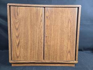 lot 305 image: Oak Finished Wall Mounted or Floor Cabinet with Adjustable Shelves