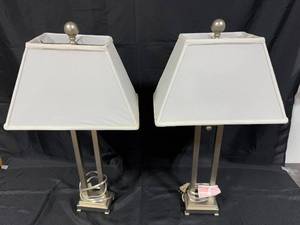 lot 384 image: Pair of Metal Base Table Lamps with White Shades
