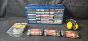 lot 388 image: Set of Workshop Organizer with Drawer Contents, Hearing Protection, Rope, and Nylon Dock Lines