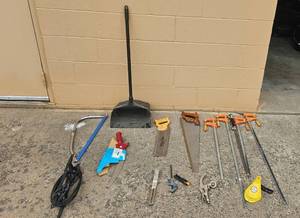 lot 363 image: Assortment of Hand Tools Including Saws, Clamps, and Scrapers