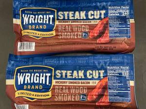 Wright Brand Hickory Smoked Bacon, Steak Cut 1.25 lbs, Pack of 2