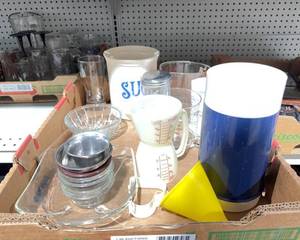 lot 548 image: Mixed Set of Kitchenware Including Measuring Cups, Glasses, and Funnel