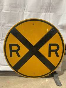 lot 1008 image: 3 Ft Diameter Railroad Crossing Sign - Round Reflective Yellow with Black R R Design