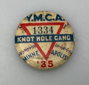 lot 59 image: VERY RARE 1935 MINNEAPOLIS MILLERS YMCA Knot Hole Gang Pin With Home Schedule On Paper Backing In Protective Sleeve