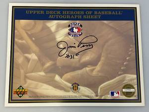 lot 75 image: (Jim Perry) Upper Deck Heroes Of Baseball Autograph Sheet In Protective Sleeve)