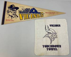 lot 150 image: Vintage 12 x 30 (1984) Minnesota Vikings BUD GRANT Day Pennant & Vikings Touchdown Towel