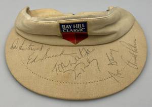 lot 200 image: Vintage Bay Hill Classic Golf Visor Autographed By Arnold Palmer, Ed Sneed, Tom Storey, Tom Watson & More (From Herb Corneals Estate)